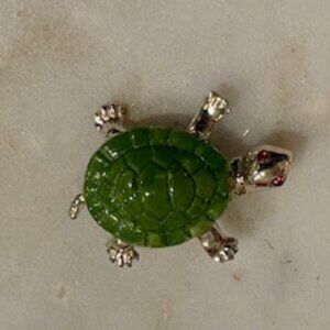 Mini Turtle brooch-Silver tone -Green enamel shell-Redrhinestone eyes
